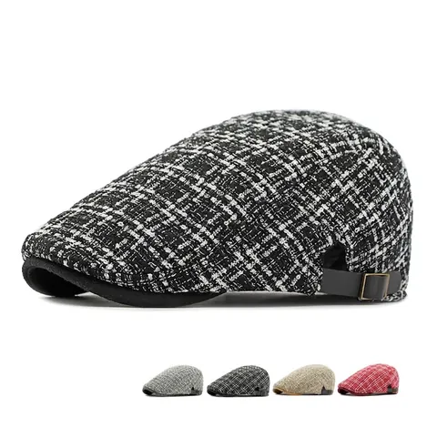 British Retro Plaid Flat Cap Cotton Polyester Tweed Pattern Adjustable Newsboy Ivy Hat For Men Women