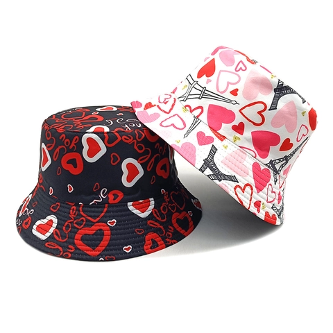 Dames Romantisch Hart Patroon Bedrukte Vissershoed Valentijnscadeau Polyester Zonbescherming Opvouwbare Vissershoed Retro Hoed