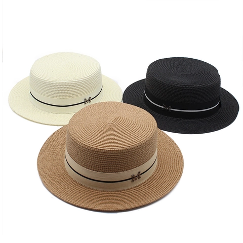 Cappello Paglia Boater Tesa Piatta Estate Spiaggia Sole Con Lettera M Metallo Nastro Elegante Vintage