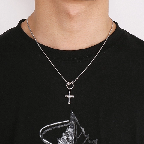Stainless Steel Cross Pendant Necklace With Snake Chain And OT Toggle Clasp Polished INS Style Punk Jewelry For Men Women