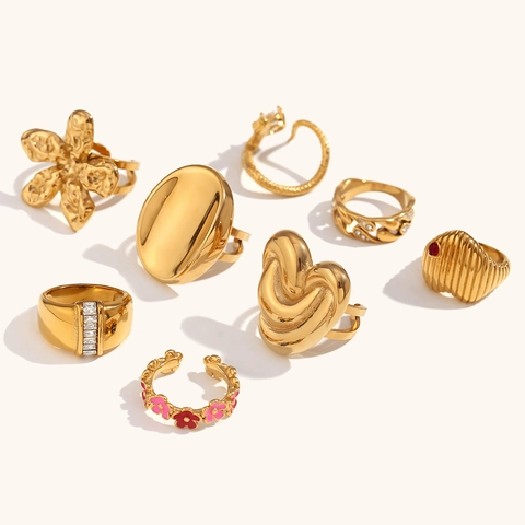 Vintage Ring 18K Gold Plated Stainless Steel Heart Snake Flower Geometric Zircon Enamel Minimalist Fashion For Women