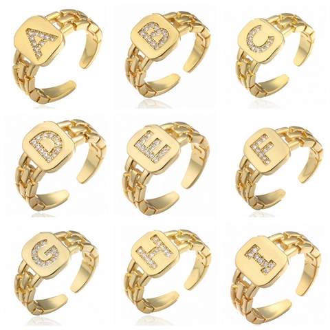 Initial Buchstaben A-Z Ring Kupfer Mikropave Zirkonia Verstellbar Quadratisch Hip Hop Vintage Schmuck Unisex