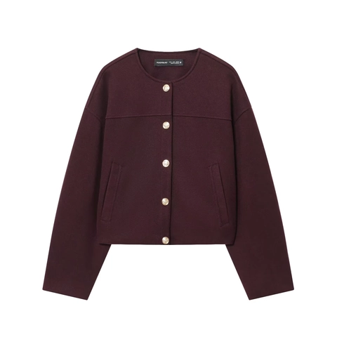 Dames Elegante Bourgondië Wollen Jas Ronde Hals Gouden Reliëf Knoop Korte Mantel Casual Lange Mouwen Bovenkleding Voor Herfst Winter