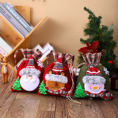 Weihnachtsgeschenktüten Filz Karo Stoff Kordelzug Tasche 3D Weihnachtsmann Schneemann Rentier Applikation Party Süßigkeiten