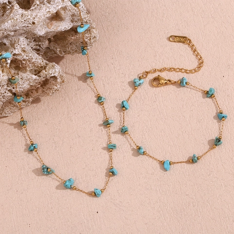 Collar Y Pulsera De Acero Inoxidable Con Piedra Turquesa Azul Irregular Baño De Oro De 18K Joyería Para Mujer