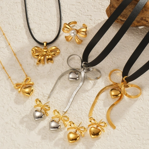 Edelstahl Schleife Herz Anhänger Halskette Choker Ohrringe Ring Schmuckset Für Damen Gold Silber Mode Accessoires Geschenk