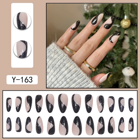 Uñas Postizas Largas Almendradas Elegantes Brillo Negro Diseño Remolino Nude Puntas De Uñas Artificiales Removibles