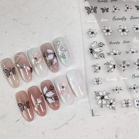 Embossed Nail Art Stickers Butterfly Flower Pattern Adhesive Manicure Decals Hand Drawn Elegant Style For Women