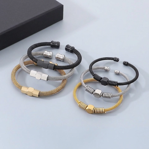 Stainless Steel Cable Wire Cuff Bracelet Hexagonal Bead Industrial Style Open Bangle Jewelry For Men Women