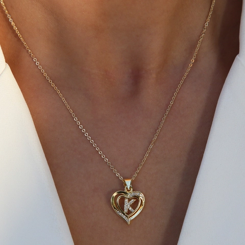 Brass Heart Shaped Initial Pendant Necklace With Rhinestone A-Z Alphabet Letter Jewelry Valentine Gift For Women