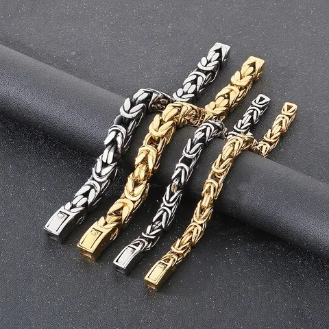 Bracciale Catena Bizantina Acciaio Inossidabile Pesante Punk Hip Hop Gioielli Per Uomo Lucido Metallo Maglia Accessorio Mano Geometrico