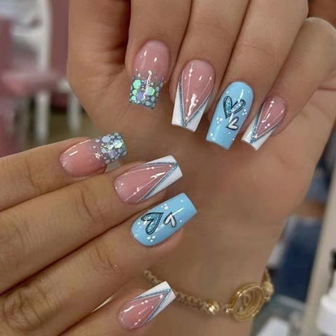 Blue Heart Glitter Press On Nails Mid-Long Square French Style Sweet Cool Fake Nails For Women Girls