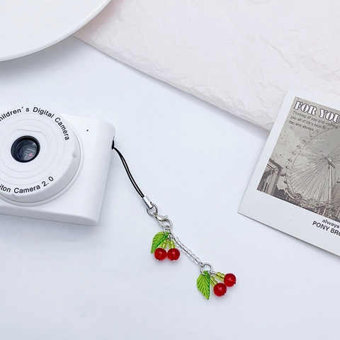 Cherry Phone Charm Handmade Beaded Glazed Glass Camera Lanyard Cute Sweet Aesthetic Bag Pendant For Women Girls