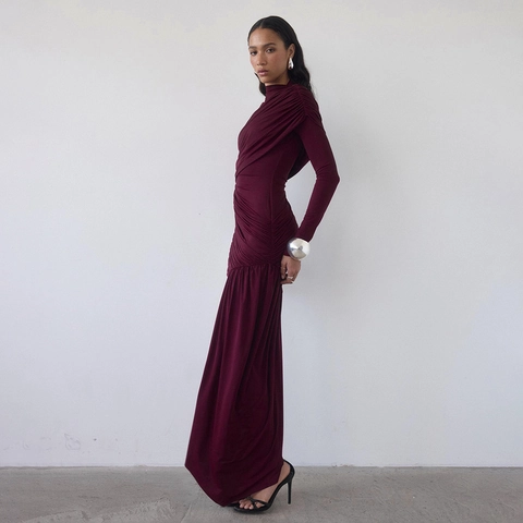 Women Sexy Ruched Bodycon Mini Dress Long Sleeve Round Neck Asymmetrical Hem Spliced Clubwear Streetwear Autumn Winter Dress