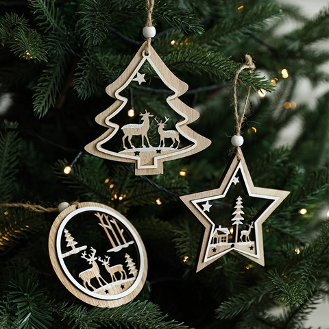 Christmas Tree Hanging Ornaments Natural Wood Hollow Reindeer Star Pendants Rustic Festive Holiday Home Party Decor
