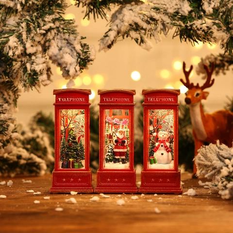 Lanterna Cabina Telefonica Di Natale LED Decorazione Da Tavolo Babbo Natale Pupazzo Di Neve Albero Statuina Retrò