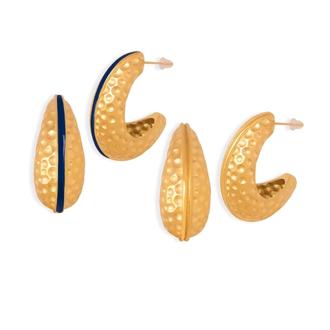 French Vintage Hammered Texture Titanium Steel C-Shaped Hoop Earrings For Women Gold Plated Enamel Geometric Earring Jewelry