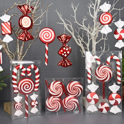 Christmas Hanging Ornaments Plastic Red And White Candy Cane Lollipop Festive Tree Window Display Painted Glitter