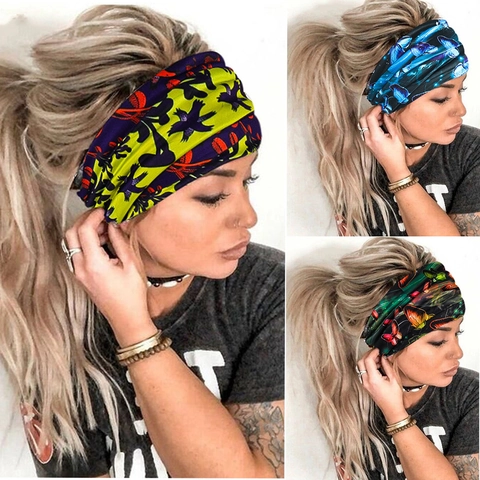 Wide Elastic Headband Women Butterfly Floral Print Yoga Sports Hair Band Sweat Wicking Boho Non-Slip Accessory