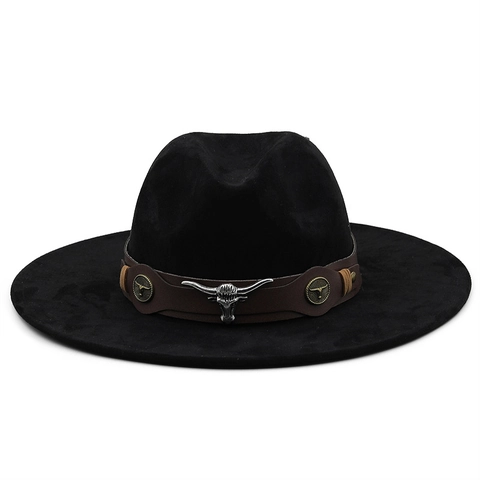 Western Cowboy Hat Wide Brim Suede Fedora With Bull Head Metal Buckle Leather Belt For Men Women Vintage Outwear Accessory