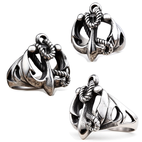 Vintage Nautical Anchor Ring Stainless Steel Rope Design Retro Silver Color Unisex Fashion Statement Jewelry Accessories