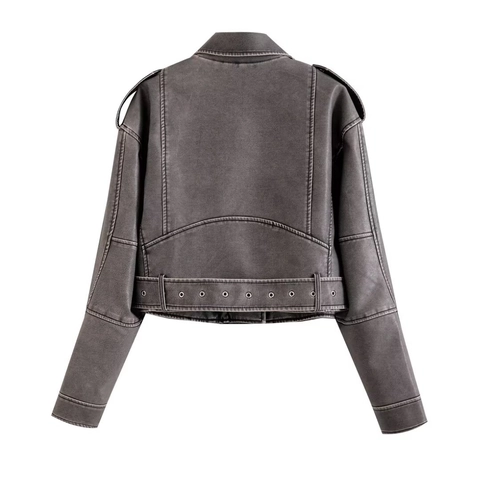 Women's Vintage Faux Leather Biker Jacket With Belt Lapel Short Motorcycle PU Outerwear Coat Streetwear Zip Top