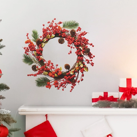 Weihnachts Kranz Wandtattoo PVC Selbstklebend Kiefernzapfen Rote Beere Feiertag Heimdeko Für Wohnzimmer Schlafzimmer
