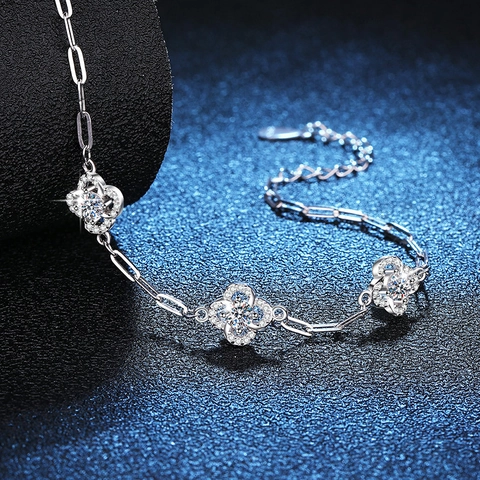 Pulsera de Moissanita de Plata de Ley S925 Color D Trébol de Cuatro Hojas Flor Pulsera de Eslabones para Mujer Joyería Elegante Regalo