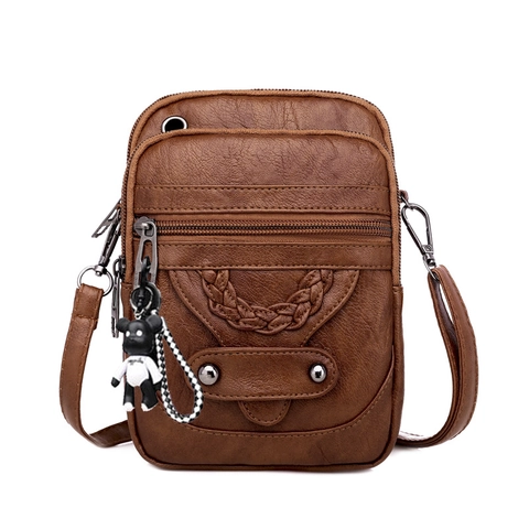Retro Kleine Umhängetasche Damen PU Leder Mehrere Reißverschlüsse Handytasche Kopfhörerloch Gewebte Nieten Verstellbarer Gurt