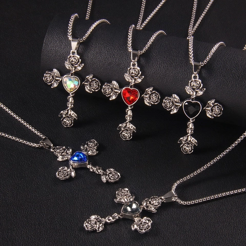 Gothic Rose Cross Necklace With Heart Gemstone Alloy Pendant And Stainless Steel Chain Vintage Trendy Hip Hop Jewelry For Men Women