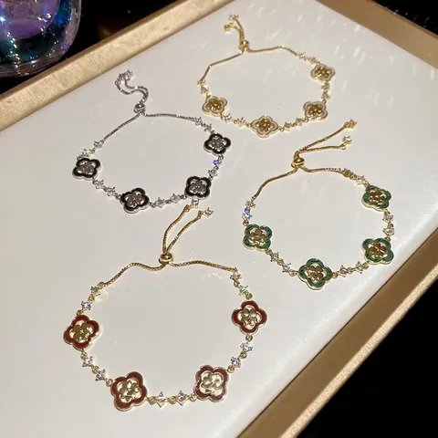 Lucky Clover Bracelet French Vintage Copper Zircon Inlaid Hollow Out Adjustable Pull String Palace Style Jewelry For Women