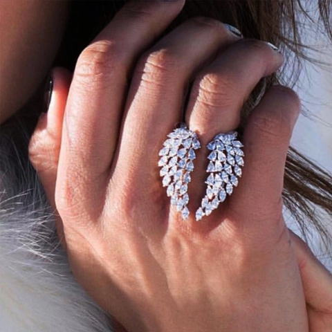 Adjustable Copper Ring Wings Design Full Zircon Inlay Elegant Fashion Jewelry For Women Open Finger Band