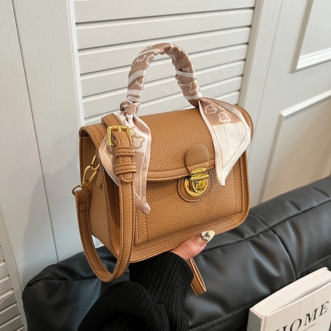 Women PU Leather Small Square Crossbody Bag With Satin Scarf Decor Elegant Commuting Shoulder Handbag Gold Hardware