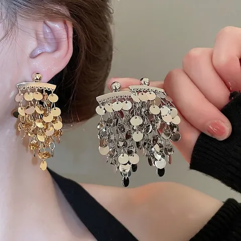Orecchini Pendenti Con Nappe Di Paillettes Tonde Gioielli In Metallo A Strati Con Perno In Argento Sterling 925