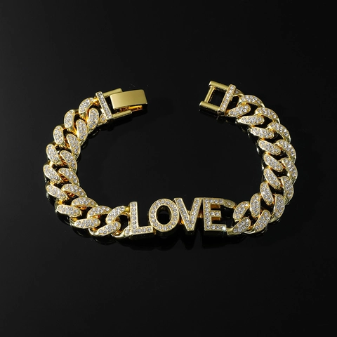 Bracciale Cuban Link Iced Out Hip Hop Con Lettera LOVE Lega Strass Chiusura A Scatola Per Uomo Gioielli Streetwear