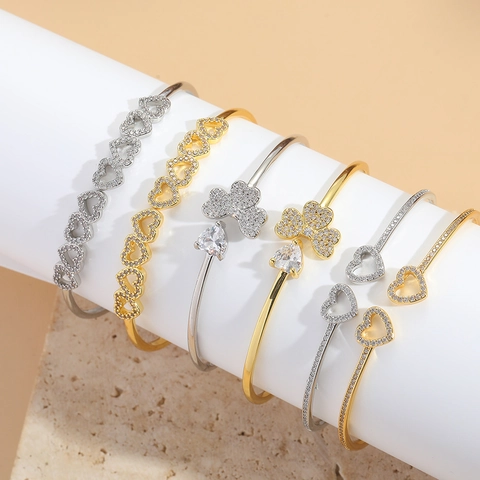 Eleganti Bracciali Rigidi Aperti Cuore Quadrifoglio Rame Zirconi Cubici Bracciale Regolabile Minimalista Per Donna