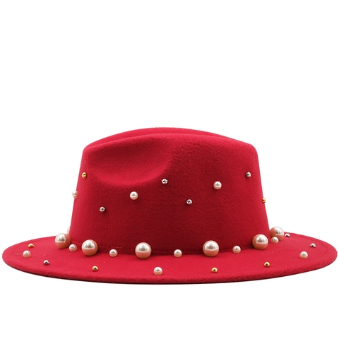 Chapeau Fedora Künstliche Perles Bord Large Feutre De Laine Style Britannique Casquette Jazz Pour Femmes Élégant
