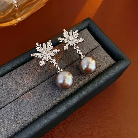 Pendientes De Gota Perla Artificial Copo De Nieve Elegante Zircón Cobre Con Poste De Plata Para Mujeres