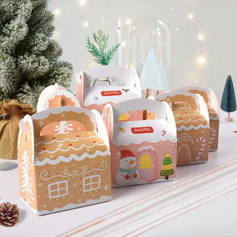 Cajas De Regalo De Navidad Forma De Casa Cartón Portátil Plegable Caja De Dulces Fiesta De Vacaciones Patrón Muñeco De Nieve Jengibre