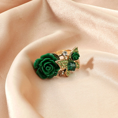 Vintage Rose Flower Butterfly Adjustable Ring Alloy Resin Rhinestone Bohemian Ethnic Style Jewelry For Women