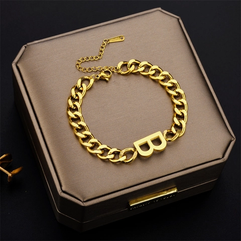 Bracciale a Catena Grossa in Acciaio Inossidabile con Pendente Lettera B per Donna Oro Argento Placcato Gioielli Hip Hop