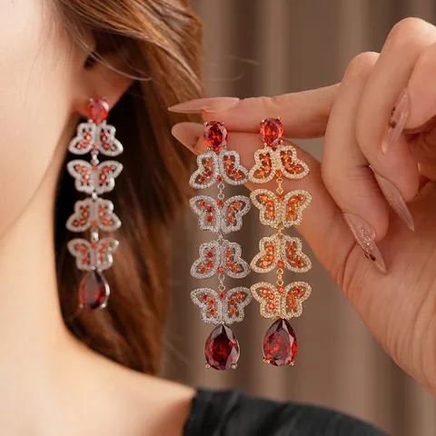 Vintage Schmetterling Quaste Ohrhänger Mit Rotem Zirkon Und Silbernen Ohrsteckern Luxus Kupfer Schmuck Für Damen