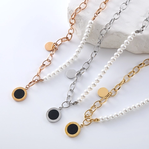 Collana Spliced Pendente Numeri Romani Acciaio Inossidabile Künstliche Perle Sintetiche Catena Maglia Gioielli Hip Hop Donna