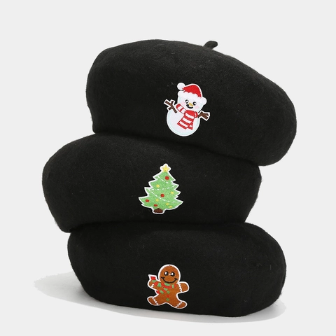 Christmas Embroidery Wool Beret Hat For Women Black Winter Warm Painter Hat With Santa Reindeer Snowman Pattern Holiday Cap