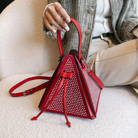 Borsa A Mano Piramidale Triangolare Strass Borchie Pelle PU Coulisse Borsa A Tracolla Sera Donna Elegante