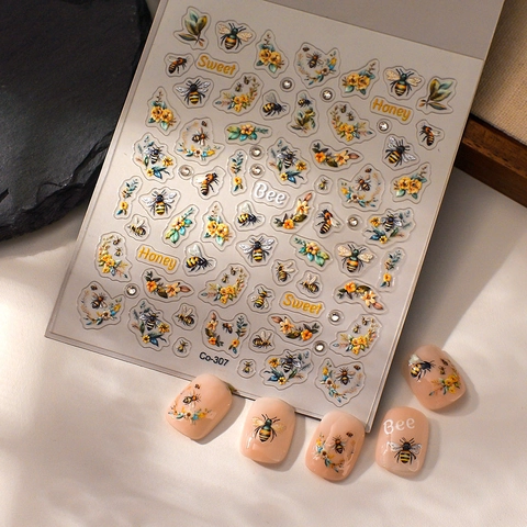 Stickers Ongles Texture Relief Vintage Abeille Fleur Autocollants Imperméables Style Pastoral Décoration Manucure