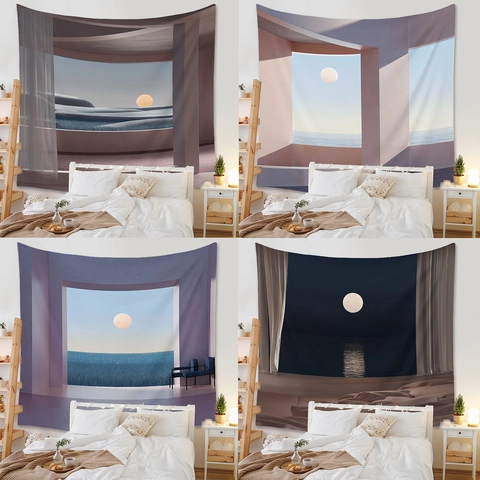 Arazzo Paesaggio Astratto Moderno Appeso Parete Poliestere Luna Surrealista Arte Oceano Per Decorazione Parete Stanza