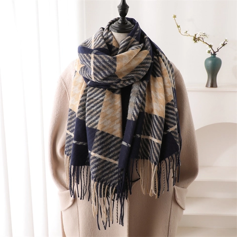 Écharpe À Carreaux Hiver Femme Grand Épais Chaud Imitation Cachemire Châle Avec Franges Élégant Doux