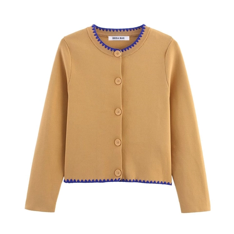 Chaqueta De Punto Para Mujer Cuello Redondo Manga Larga Botones Ribete Festoneado Contraste De Color Poliéster