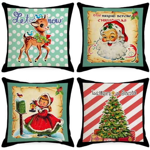 Funda De Cojín De Lino De Navidad Retro Funda De Almohada Cuadrada Estampado Papá Noel Alce Decoración Sofá